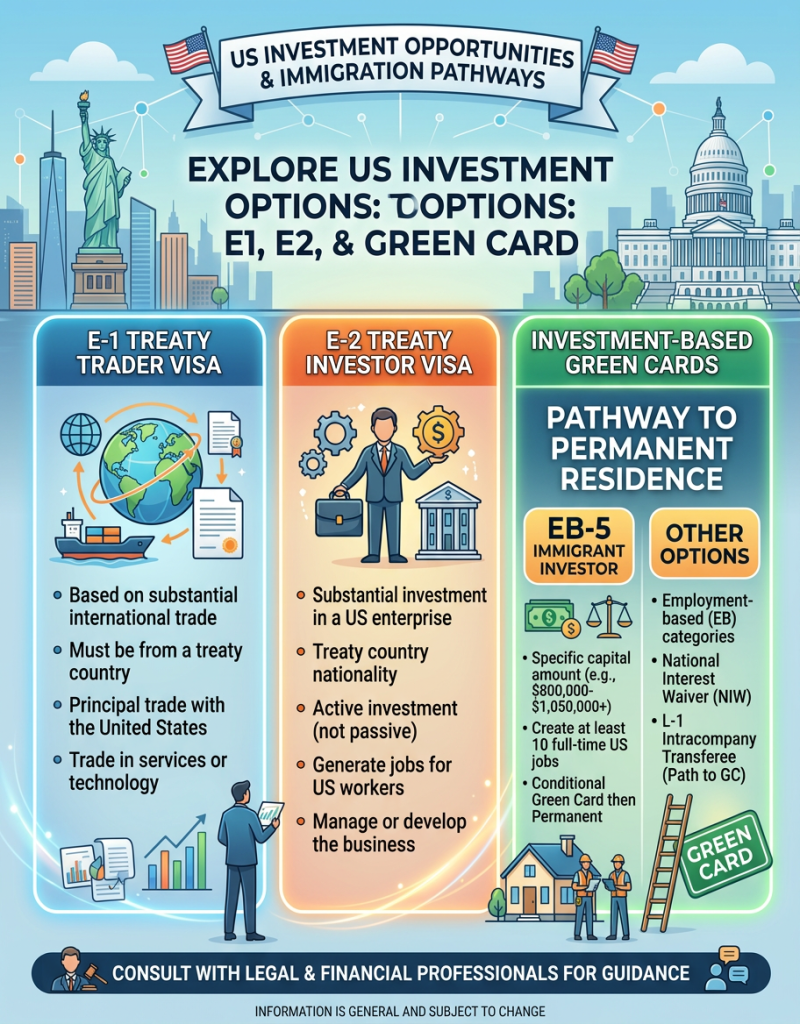 Diagram explaining US investment visa options: E-1 Treaty Trader Visa, E-2 Treaty Investor Visa, and investment-based green card pathways including EB-5 and other options.